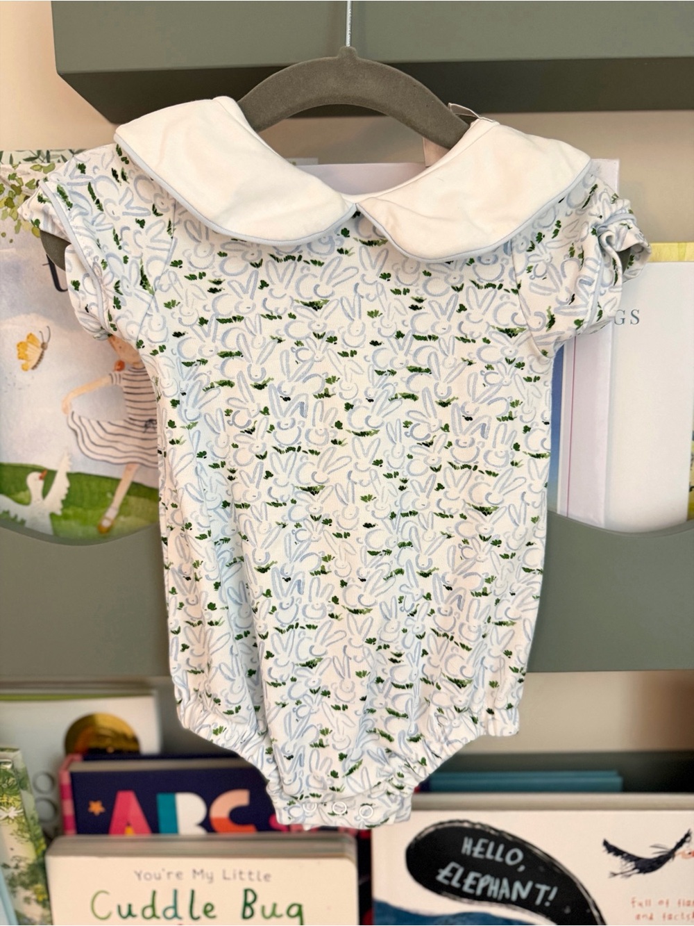 The Proper Peony White Peter Pan Collar One-Piece with Subtle Green Print - 9 mo